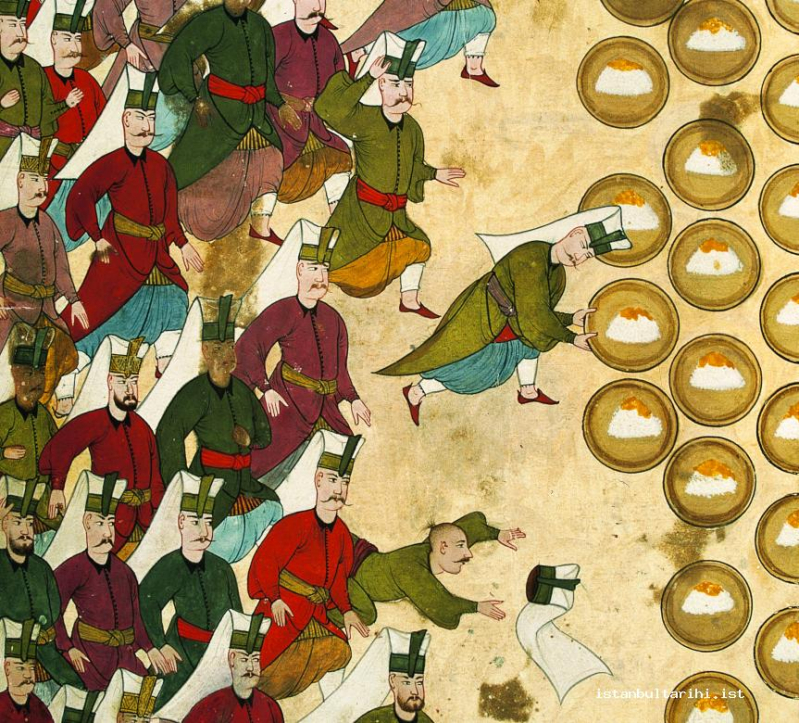 نگارگری عثمانی- برپایی ضیافت: تقدیم پلو و زرده به ینی&zwnj;چریان (وهبی) 